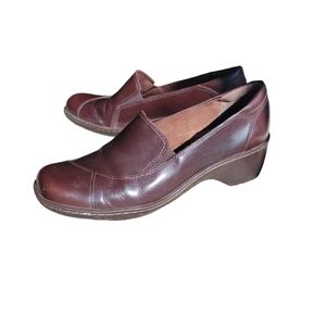 Clarks Chocolate Brown Leather slip on loafer block heel US 8 1/2 EU 41